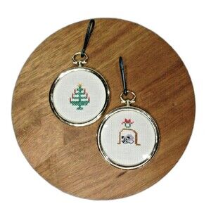 Christmas Holiday Ornament Handcrafted Mini Framed Needlepoint Lot of 2 VTG